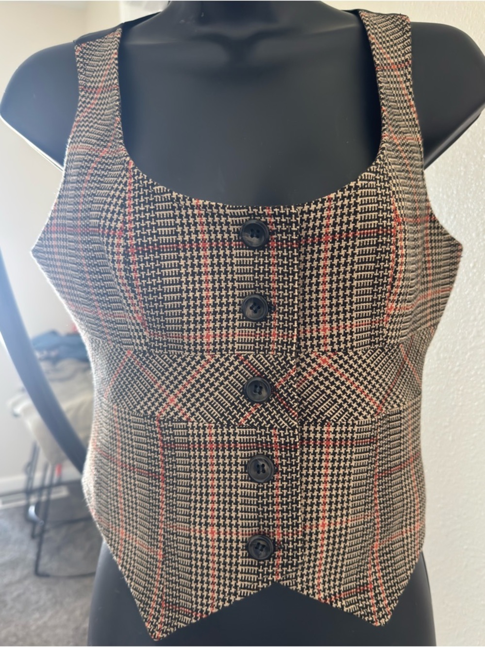 New York & Company Plaid Button-Front Camisole in Tan, Brown, and Red
